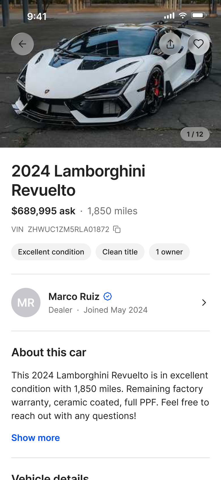 Slippd listing page for a 2021 McLaren 765LT